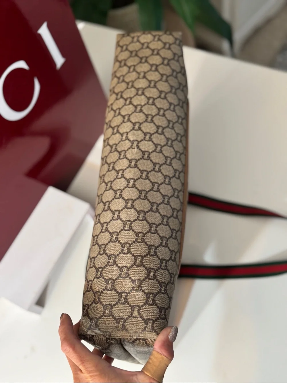 Authentic Gucci GG Supreme Canvas Tote with Green-Red Web Straps